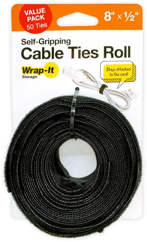 Wrap-It Storage Self-Gripping Cable Ties Roll - 8-inch (50-Pack) Black - Reusable Hook and Loop Ties - Black