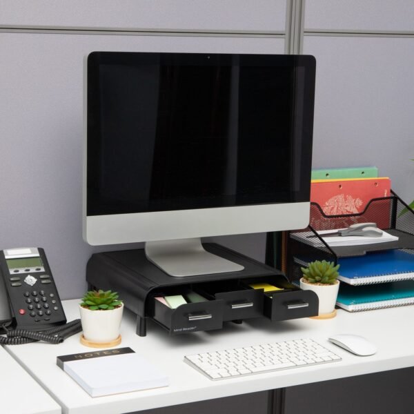 99866ccd-e9b3-4c41-80c1-ecd7175b277d.jpg Mind Reader - Monitor Stand, Laptop Riser, Desktop Organizer, Storage Drawer, Office, Plastic, 13.5"L x 13"W x 4"H - Black